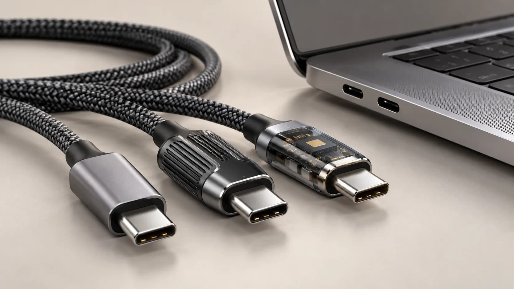 تصویرسازی سهبعدی کابلها و درگاههای USB-C کنار لپتاپ