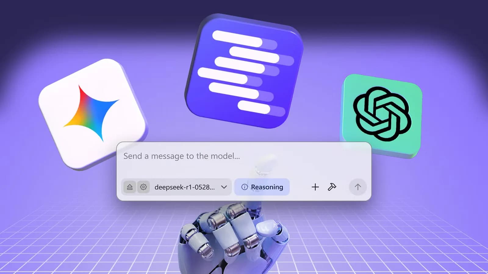 آیکونهای Gemini، LM Studio و ChatGPT بالای کادر گفتوگو روی پسزمینه بنفش