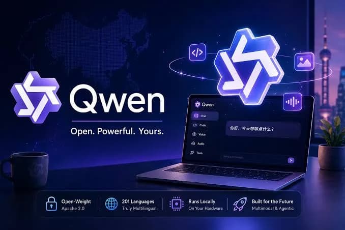 نمای معرفی خانواده Qwen با نشان مدل و لپتاپ در پسزمینه بنفش