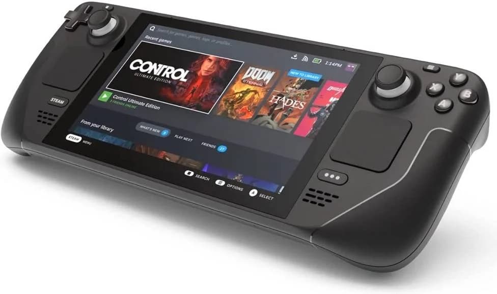 نمای زاویهدار کنسول دستی Steam Deck LCD با پسزمینه سفید