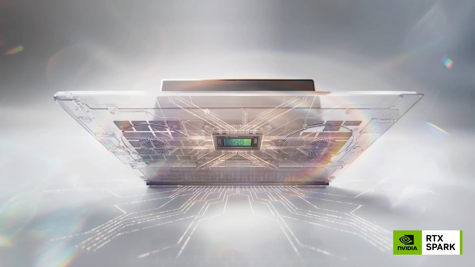 تصویر تبلیغاتی NVIDIA RTX Spark با نمای مفهومی تراشه و اجزای داخلی یک لپتاپ