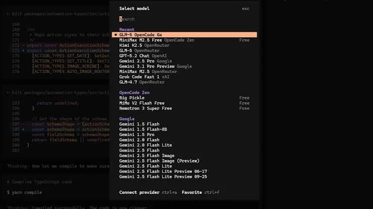 نمونه قدیمی منوی انتخاب مدل در رابط OpenCode