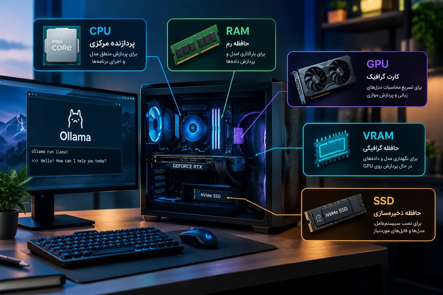 قطعات سختافزاری موردنیاز اجرای مدل زبانی روی کامپیوتر شامل پردازنده، کارت گرافیک، RAM و SSD