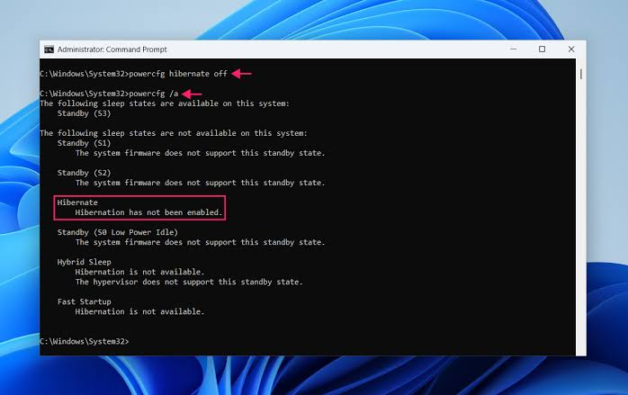 غیرفعال کردن Hibernate برای حذف فایل hiberfil.sys و آزادسازی فضای SSD
