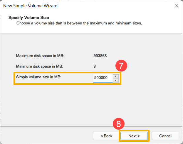 پارتیشنبندی هارد در ویندوز 11 صفحه Specify Volume Size استوک لند