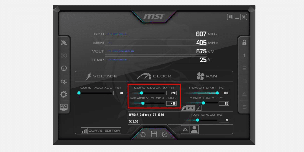 اورکلاک کارت گرافیک با MSI Afterburner بخش Core Clock و Memory Clock | استوک‌لند