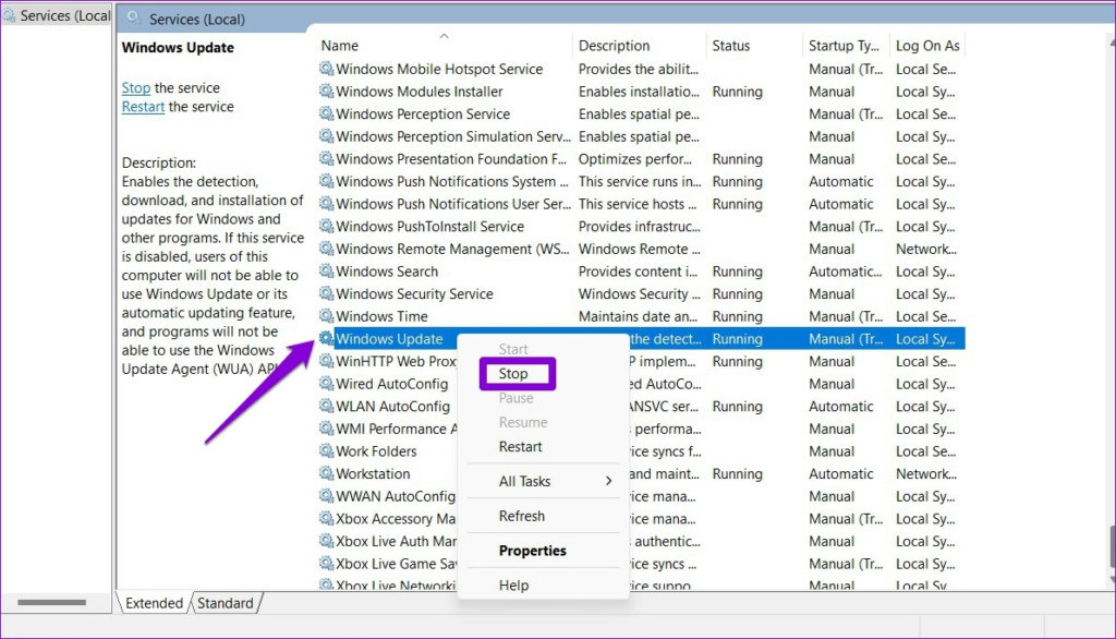 غیرفعال کردن سرویس Windows Update برای حذف فایل‌های باقی‌مانده و آزادسازی فضای SSD