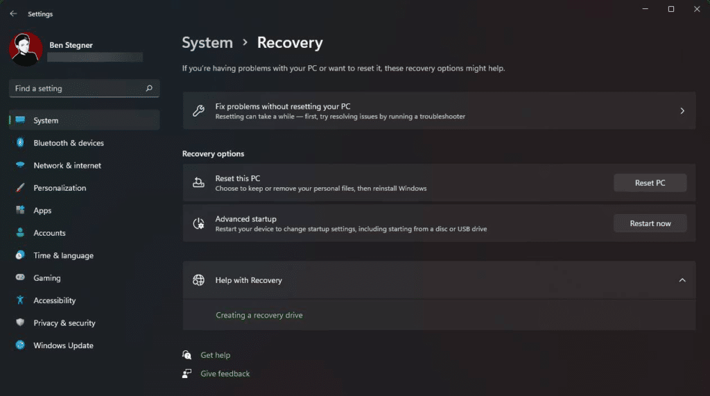 ریست فکتوری ویندوز از بخش Recovery