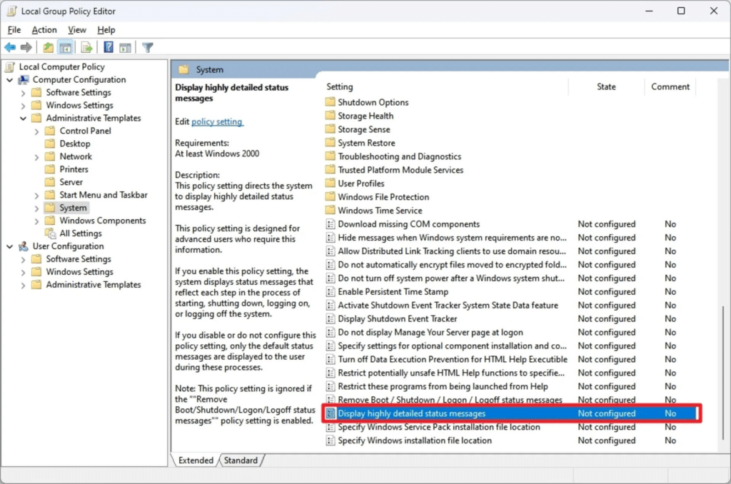 فعال کردن verbose mode با استفاده از Group Policy Editor در ویندوز 11 استوک لند