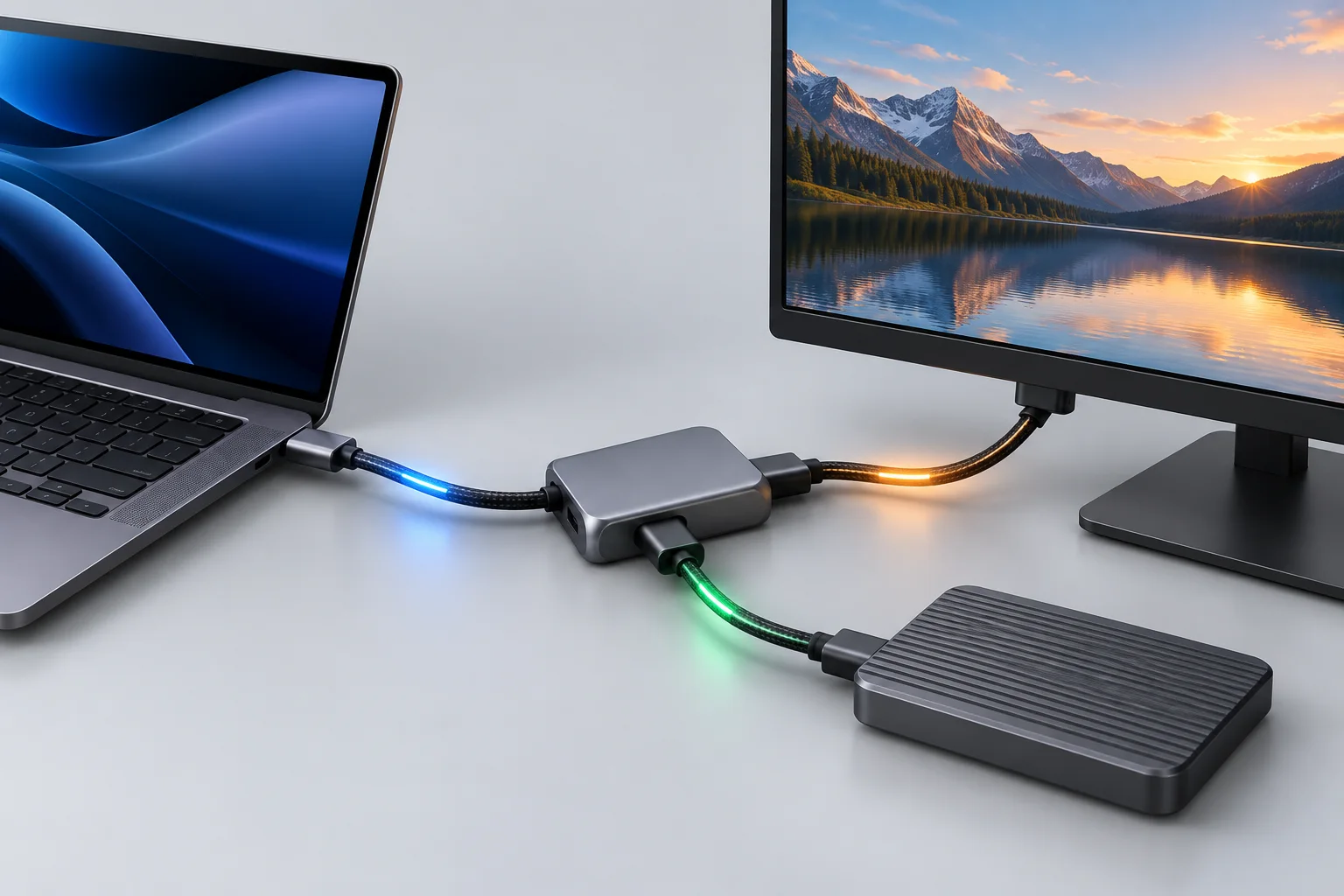 تصویرسازی سهبعدی کابل USB-C میان لپتاپ، نمایشگر و حافظهٔ جانبی